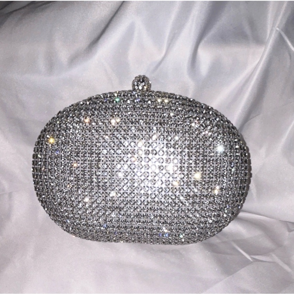 Silver Rhinestone Clutch Purse Evening Bag With Optional Chain